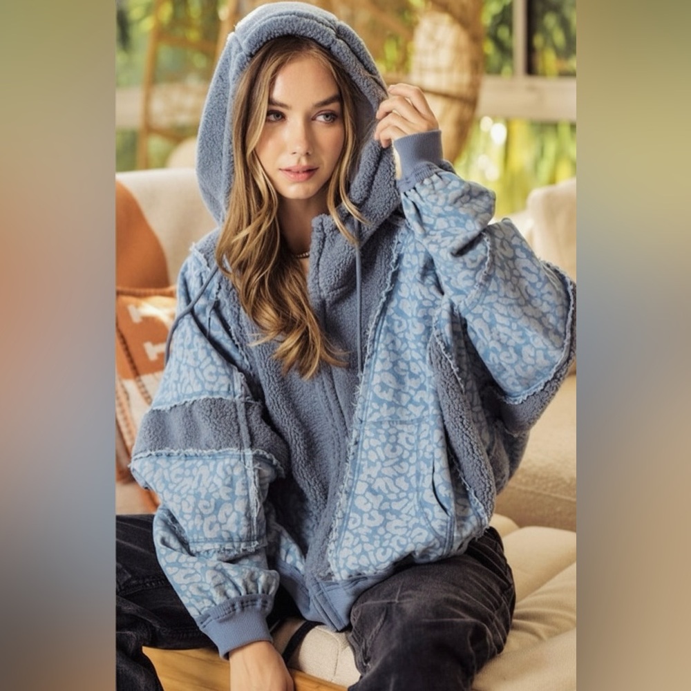 LovLov Boutique Blue Sherpa and Leopard Print Hooded Jacket